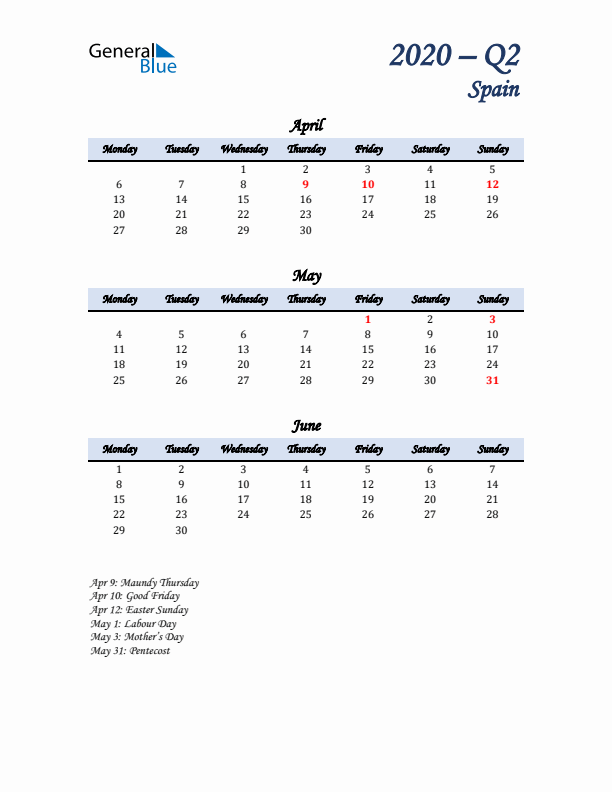 April, May, and June Calendar for Spain with Monday Start