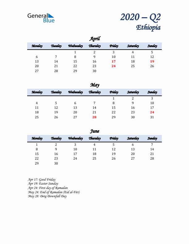 April, May, and June Calendar for Ethiopia with Monday Start