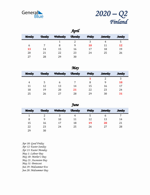 April, May, and June Calendar for Finland with Monday Start