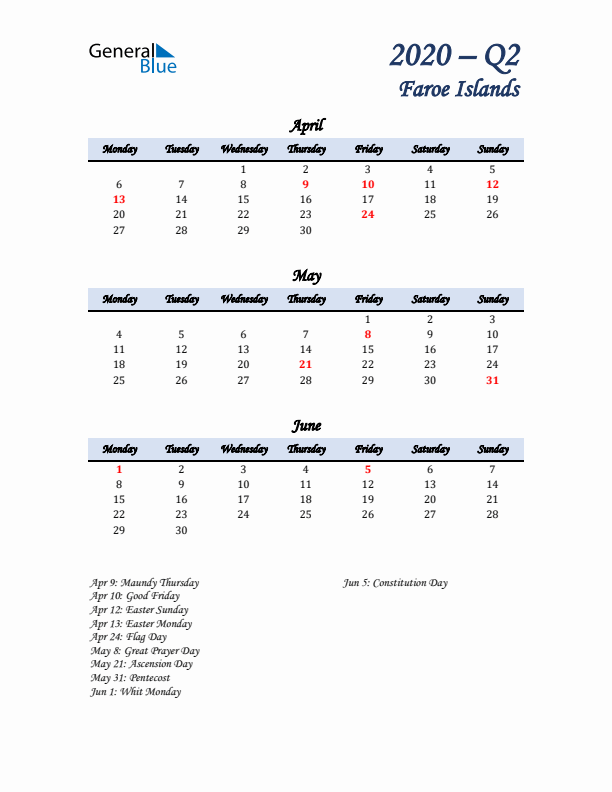 April, May, and June Calendar for Faroe Islands with Monday Start