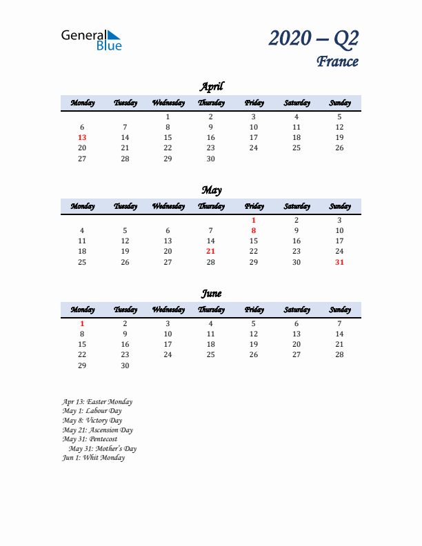 April, May, and June Calendar for France with Monday Start