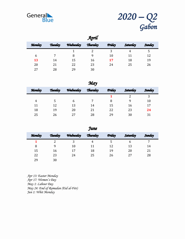 April, May, and June Calendar for Gabon with Monday Start