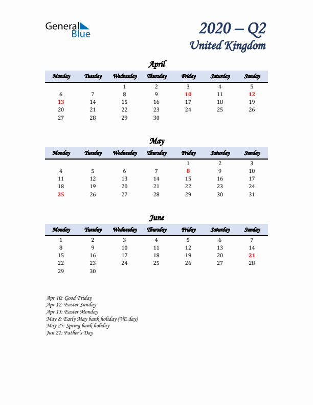 April, May, and June Calendar for United Kingdom with Monday Start