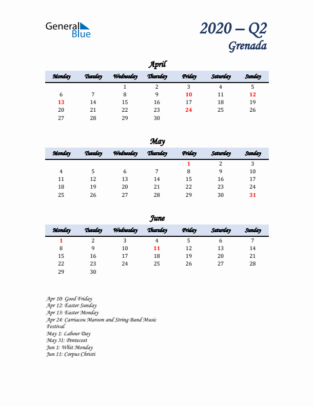 April, May, and June Calendar for Grenada with Monday Start