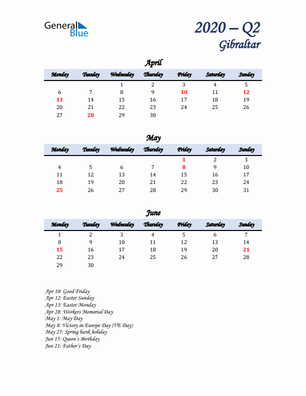 April, May, and June Calendar for Gibraltar with Monday Start