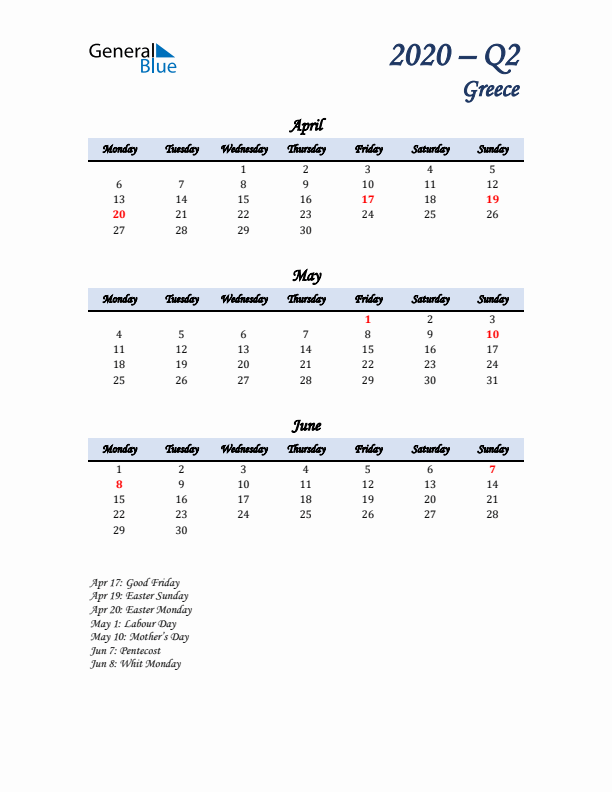 April, May, and June Calendar for Greece with Monday Start