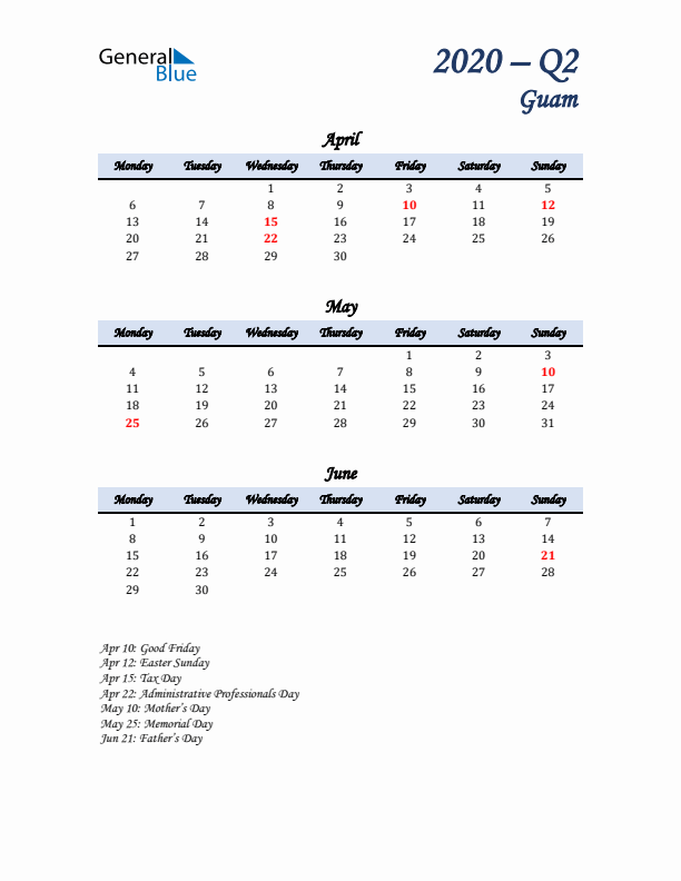 April, May, and June Calendar for Guam with Monday Start