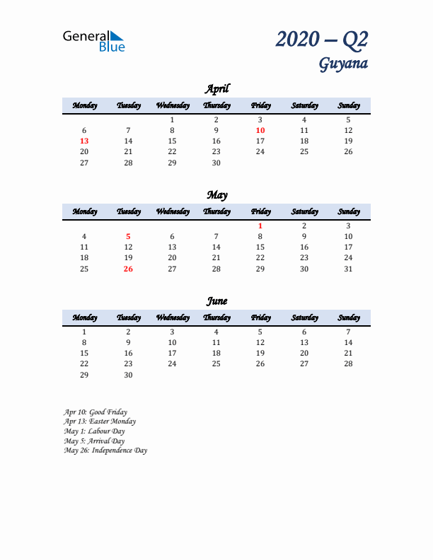 April, May, and June Calendar for Guyana with Monday Start