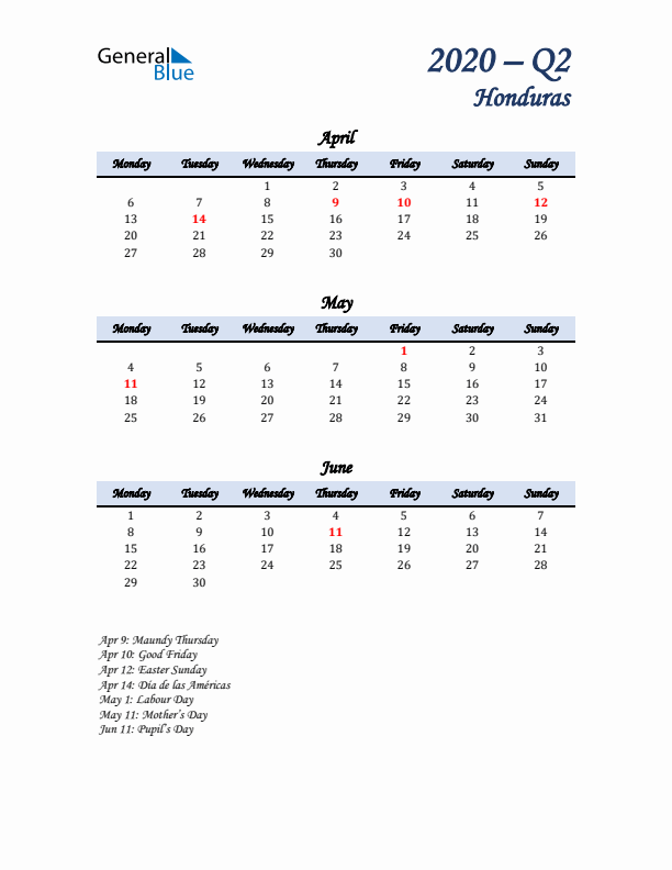 April, May, and June Calendar for Honduras with Monday Start