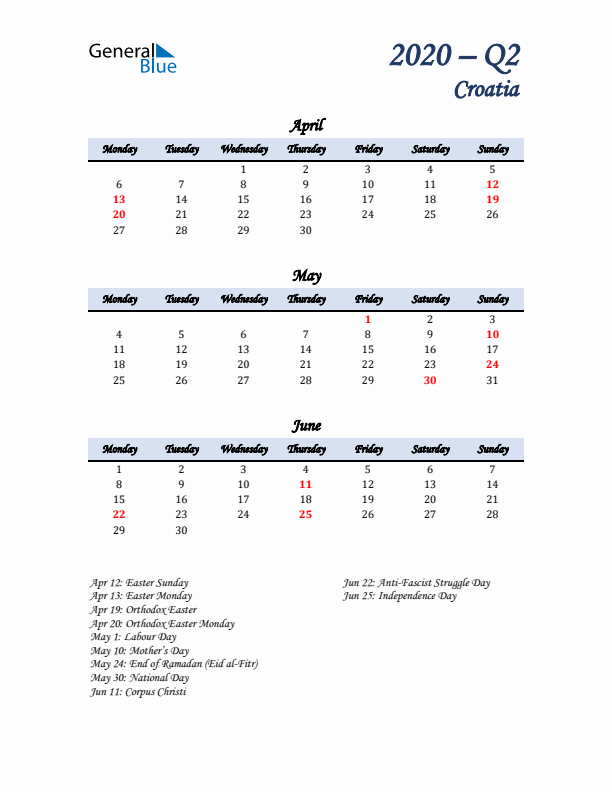 April, May, and June Calendar for Croatia with Monday Start