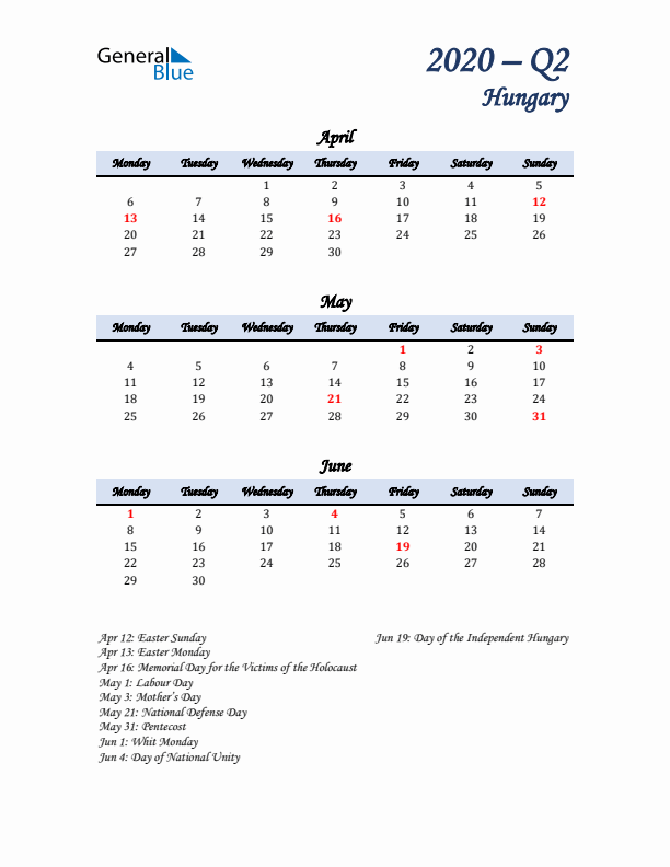 April, May, and June Calendar for Hungary with Monday Start