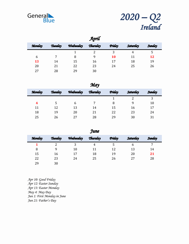 April, May, and June Calendar for Ireland with Monday Start