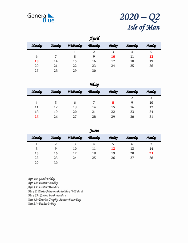 April, May, and June Calendar for Isle of Man with Monday Start