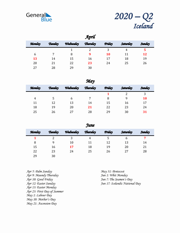 April, May, and June Calendar for Iceland with Monday Start