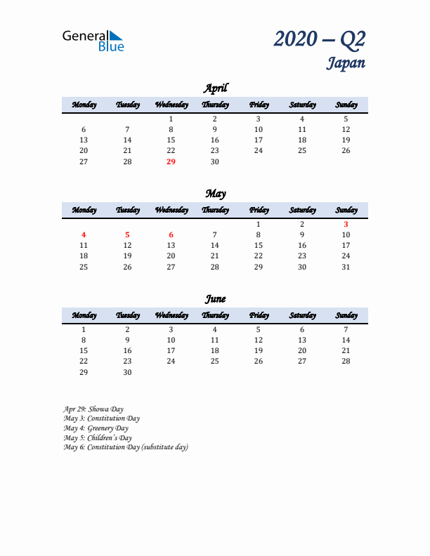 April, May, and June Calendar for Japan with Monday Start