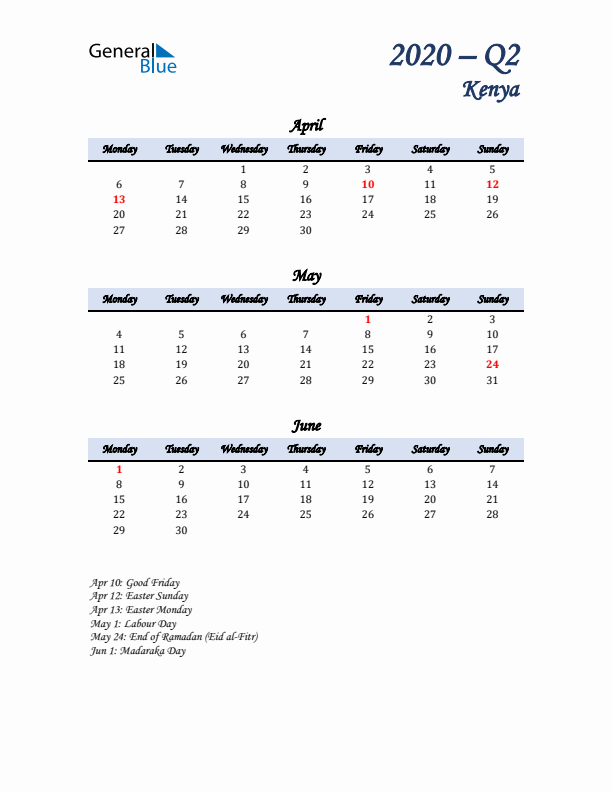 April, May, and June Calendar for Kenya with Monday Start