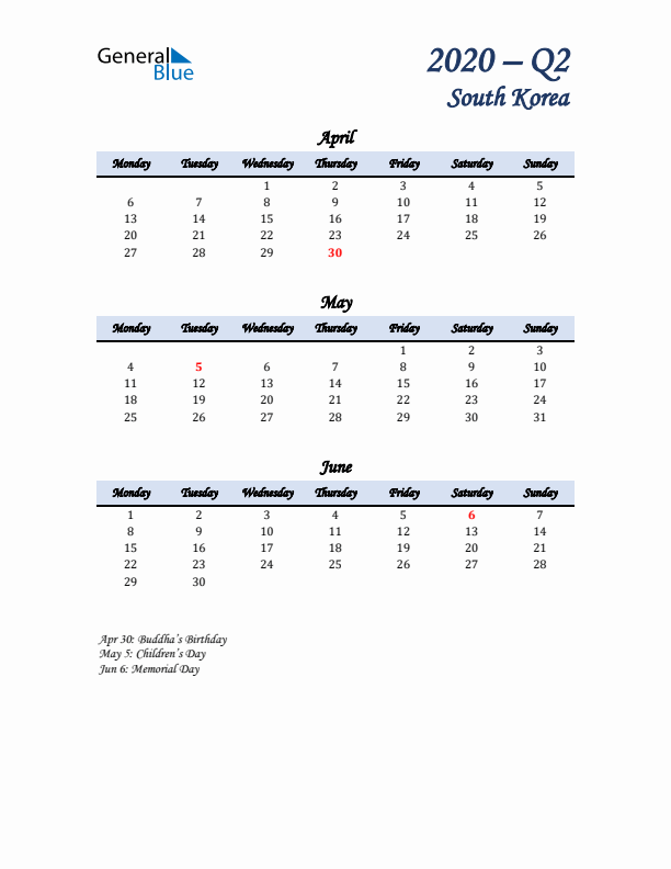 April, May, and June Calendar for South Korea with Monday Start