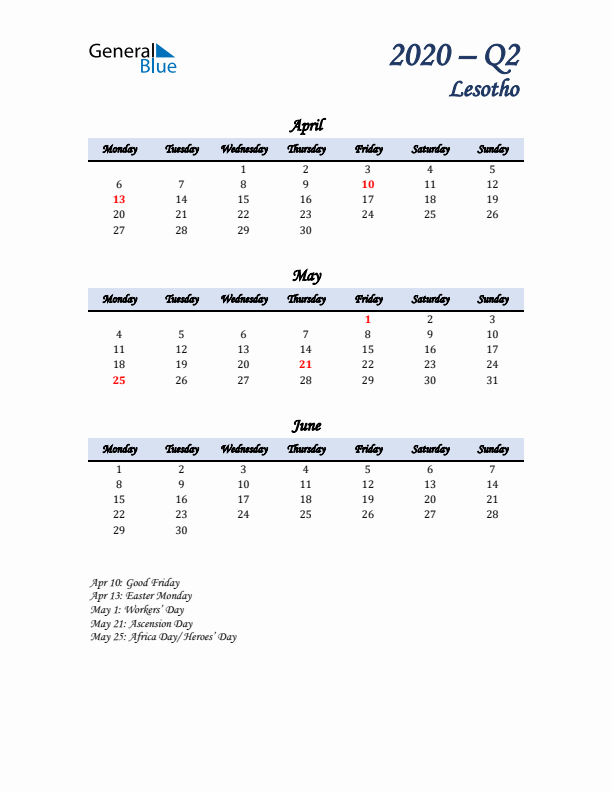 April, May, and June Calendar for Lesotho with Monday Start