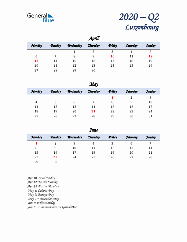 April, May, and June Calendar for Luxembourg with Monday Start