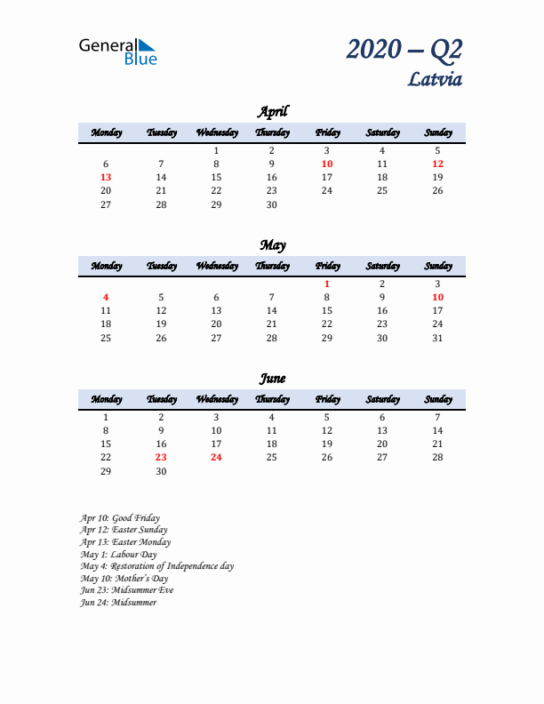 April, May, and June Calendar for Latvia with Monday Start