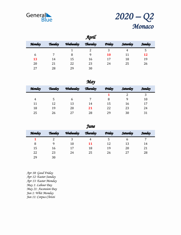 April, May, and June Calendar for Monaco with Monday Start