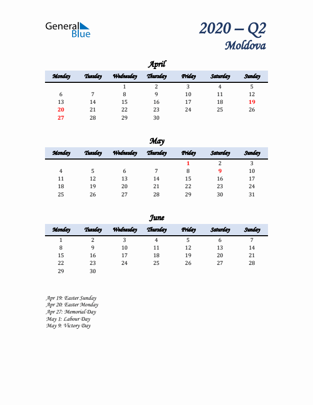 April, May, and June Calendar for Moldova with Monday Start