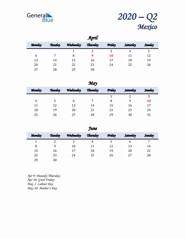 April, May, and June Calendar for Mexico with Monday Start