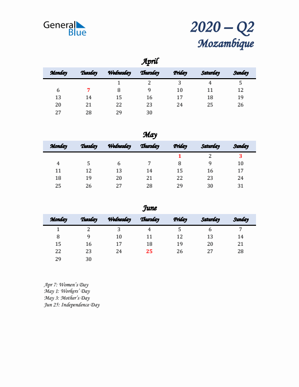 April, May, and June Calendar for Mozambique with Monday Start