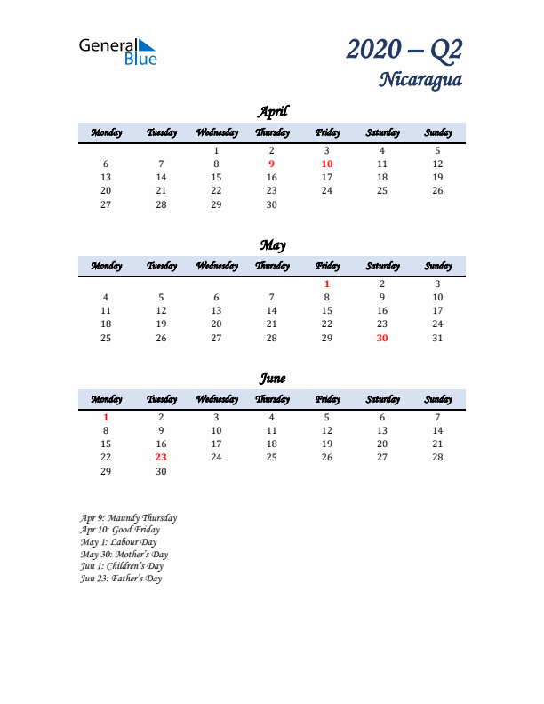 April, May, and June Calendar for Nicaragua with Monday Start