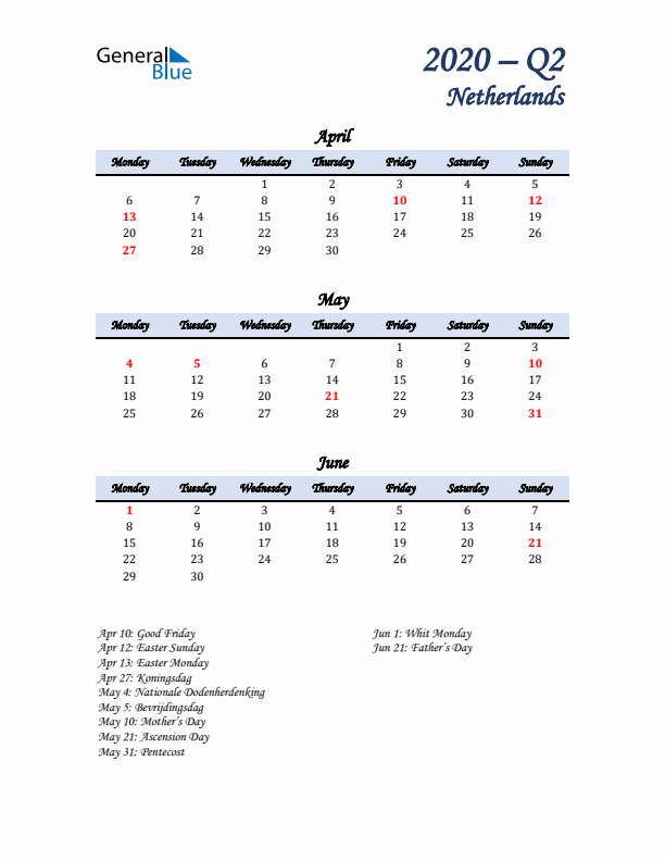 April, May, and June Calendar for The Netherlands with Monday Start