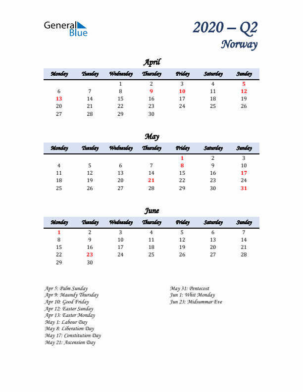 April, May, and June Calendar for Norway with Monday Start