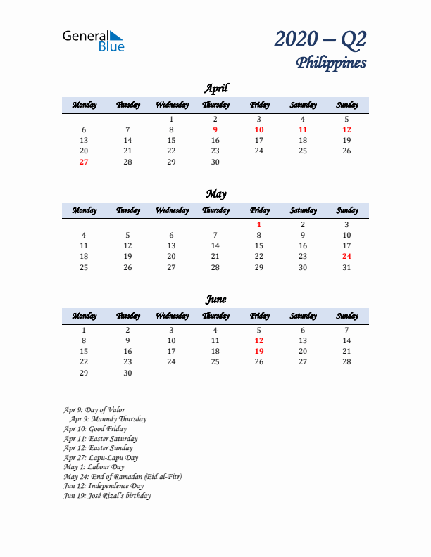 April, May, and June Calendar for Philippines with Monday Start