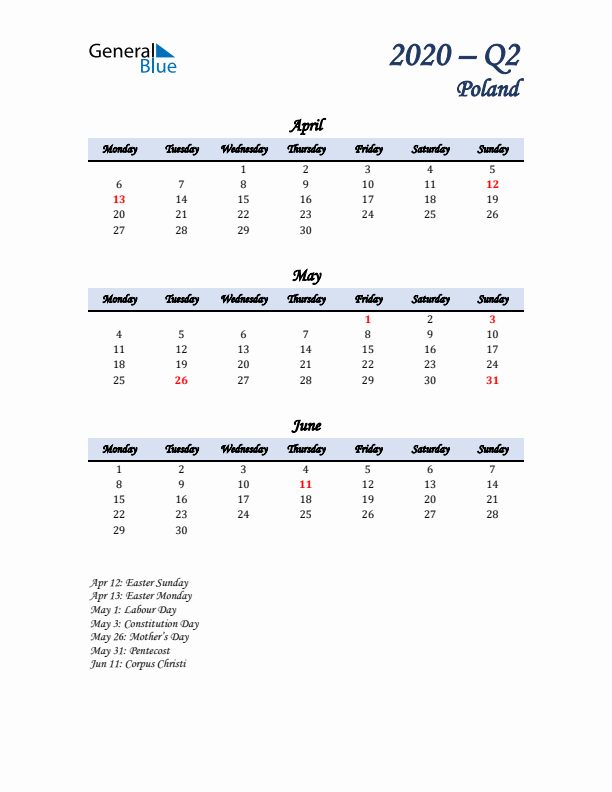 April, May, and June Calendar for Poland with Monday Start