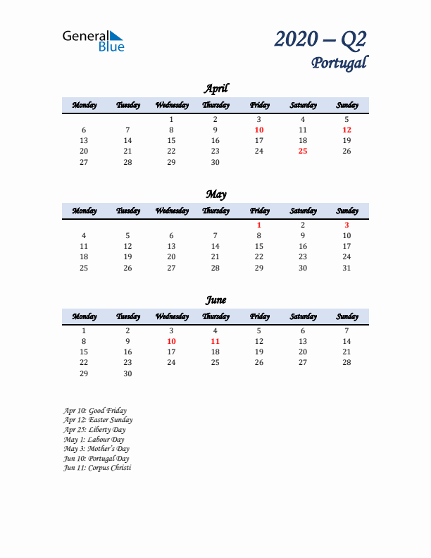 April, May, and June Calendar for Portugal with Monday Start