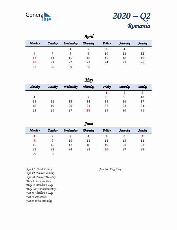 April, May, and June Calendar for Romania with Monday Start