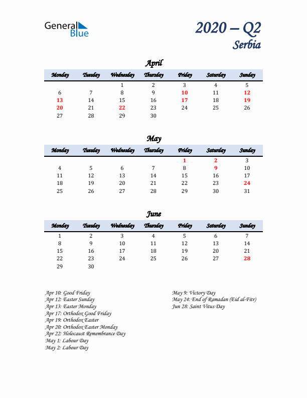 April, May, and June Calendar for Serbia with Monday Start