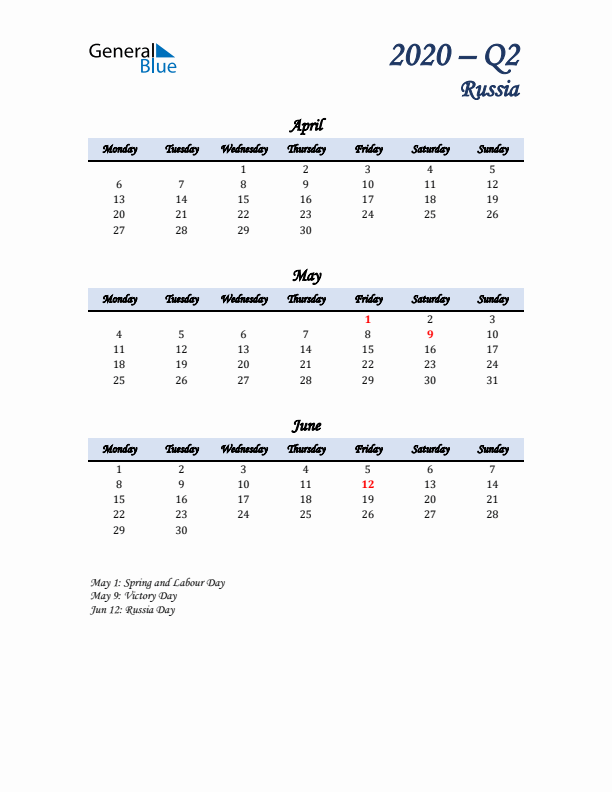 April, May, and June Calendar for Russia with Monday Start