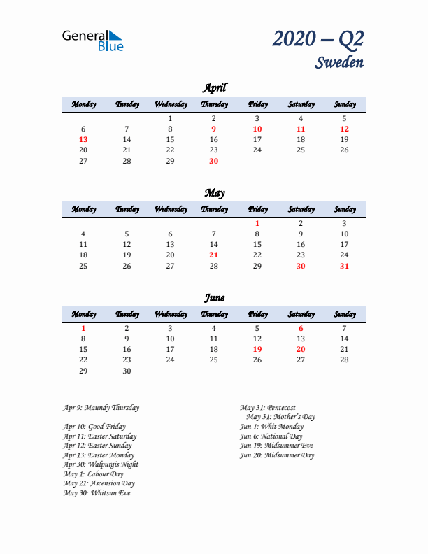 April, May, and June Calendar for Sweden with Monday Start