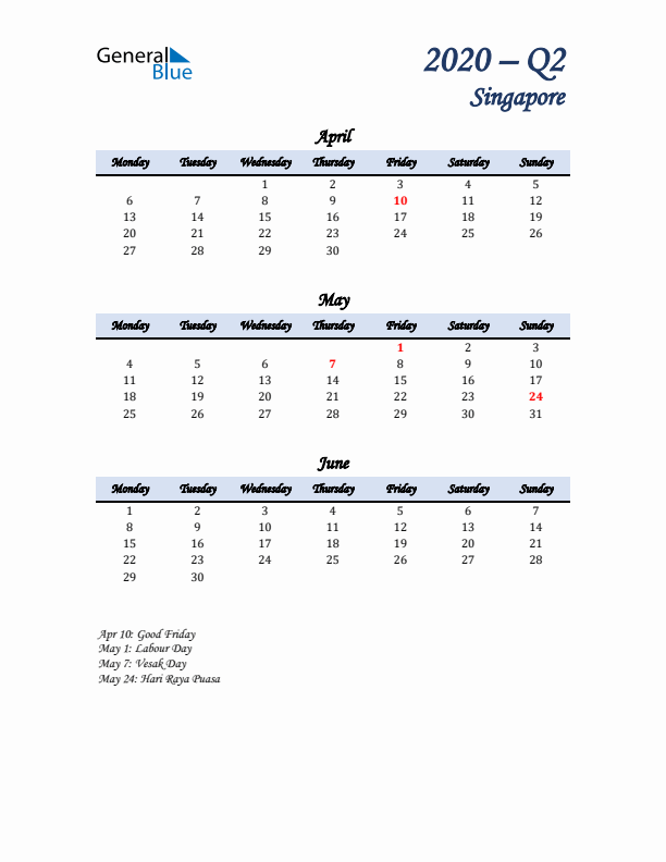 April, May, and June Calendar for Singapore with Monday Start