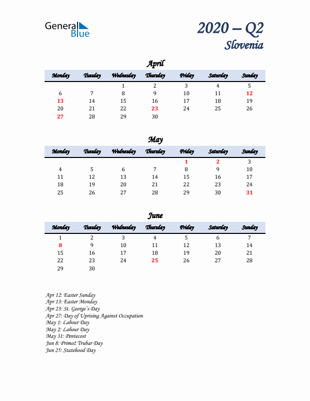 April, May, and June Calendar for Slovenia with Monday Start