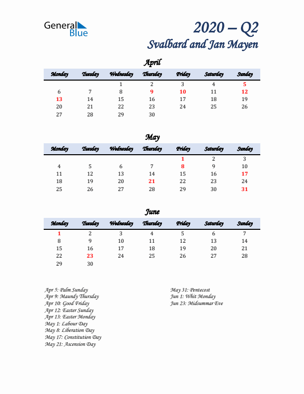 April, May, and June Calendar for Svalbard and Jan Mayen with Monday Start