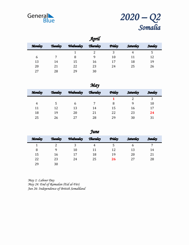 April, May, and June Calendar for Somalia with Monday Start