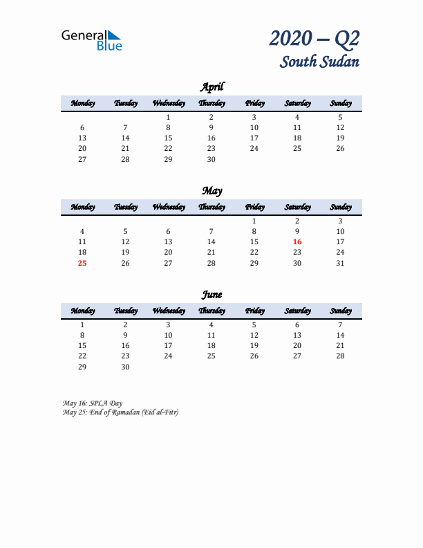 April, May, and June Calendar for South Sudan with Monday Start