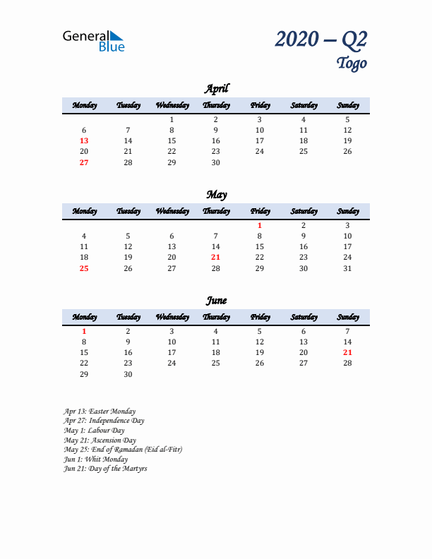 April, May, and June Calendar for Togo with Monday Start