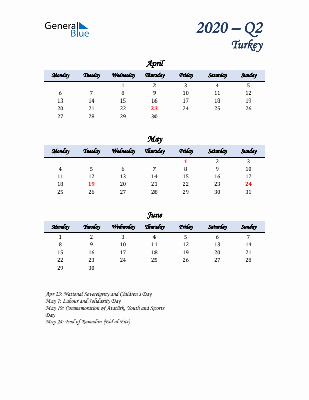 April, May, and June Calendar for Turkey with Monday Start