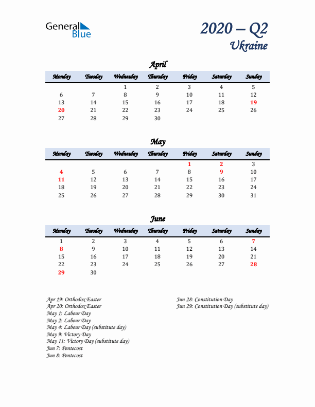 April, May, and June Calendar for Ukraine with Monday Start