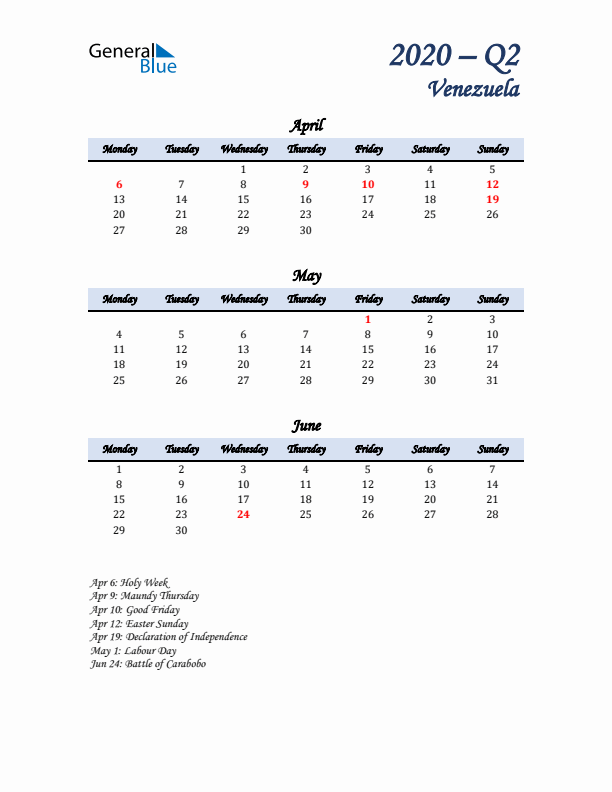 April, May, and June Calendar for Venezuela with Monday Start