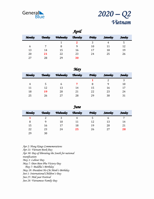 April, May, and June Calendar for Vietnam with Monday Start