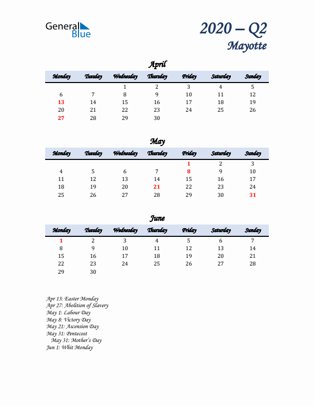 April, May, and June Calendar for Mayotte with Monday Start