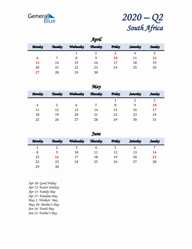 April, May, and June Calendar for South Africa with Monday Start